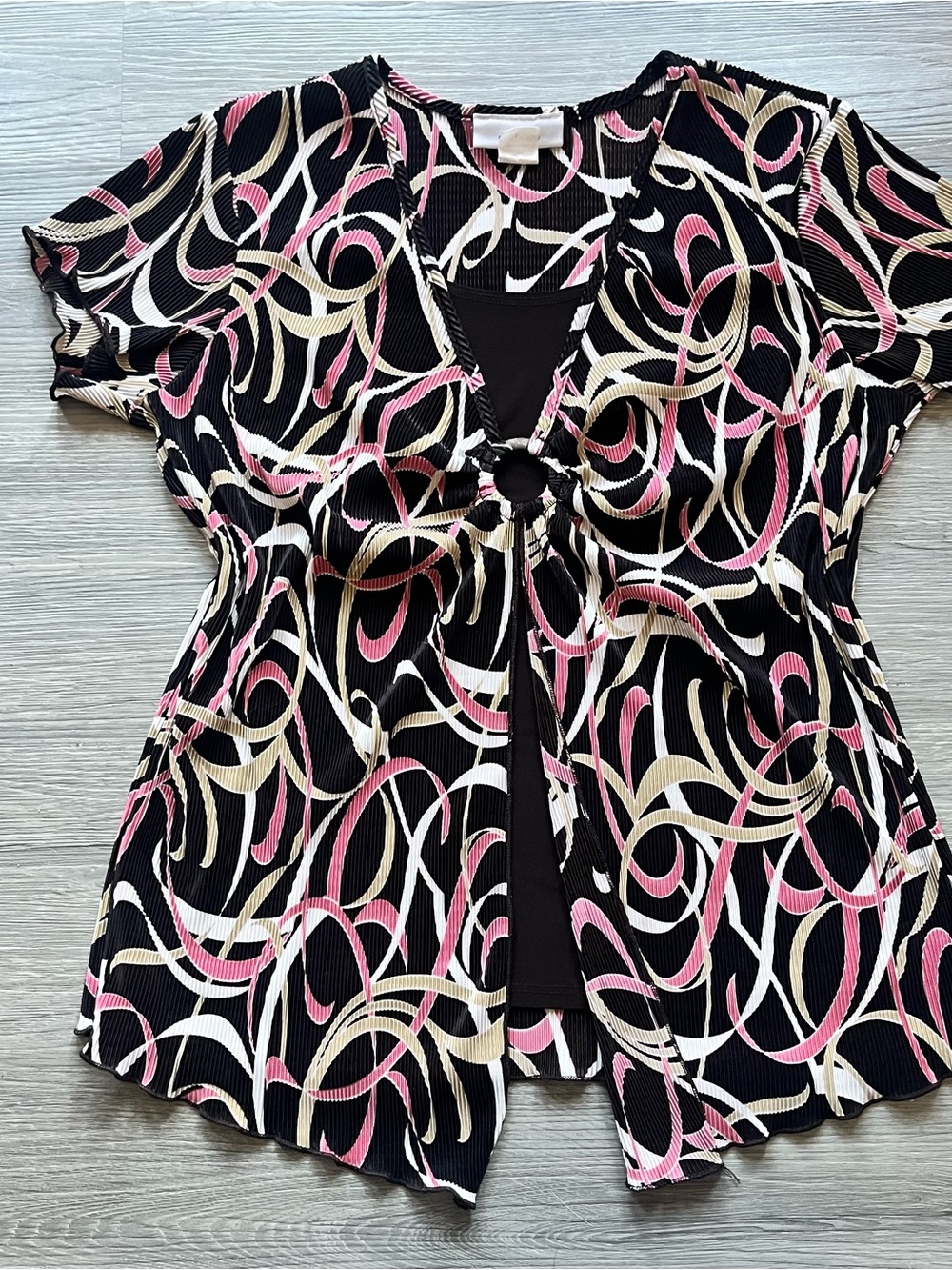 Y2K Black Plisse Blouse with Pink & Cream Swirl Print and Ring Detail